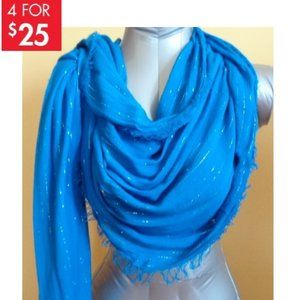 Bright blue fringe trim scarf with metallic thread